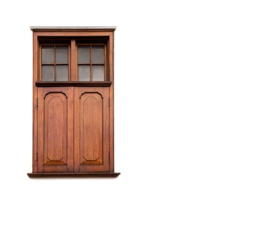 Door, wood and isolated home design in a studio with white background and architecture. Vintage, retro and woodwork of doors and window with frame and glass of shutter with mockup and wooden detail