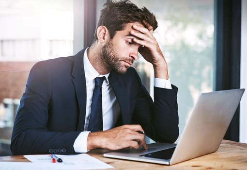 Business man, stress and headache on laptop fail, news or bankruptcy, finance report and corporate budget risk. Crisis, problem and mistake, burnout or pain of accountant person reading on computer