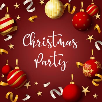 Christmas party banner with balls and ribbons on red background
