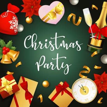 Christmas party banner with presents and ribbons on green ground