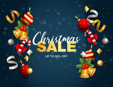 Christmas sale banner with ribbons and balls on blue ground