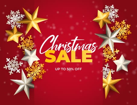 Christmas sale banner with stars and flakes on red ground