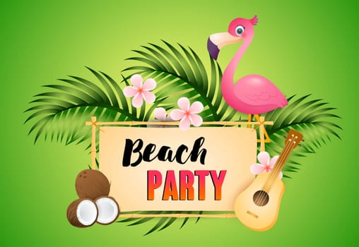 Beach Party lettering with flamingo, ukulele and coconut