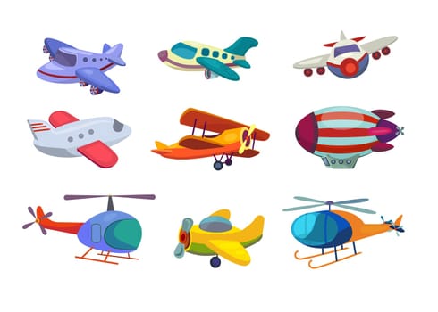 Air transportation set. Collection of planes and helicopters. Can be used for topics like traveling, airport, aviation
