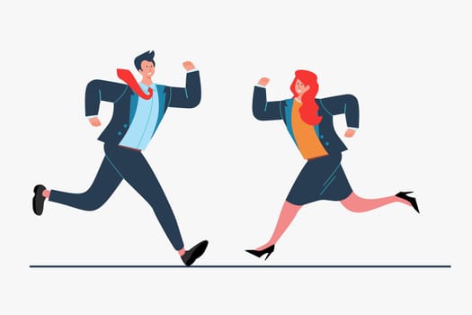 Businesspeople running to each other