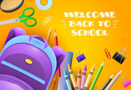Welcome back to school lettering with stationery and backpack