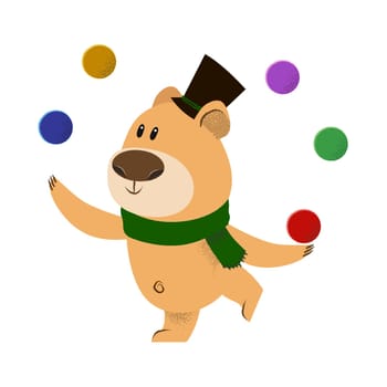 Cute cartoon bear in top hat and green scarf juggling