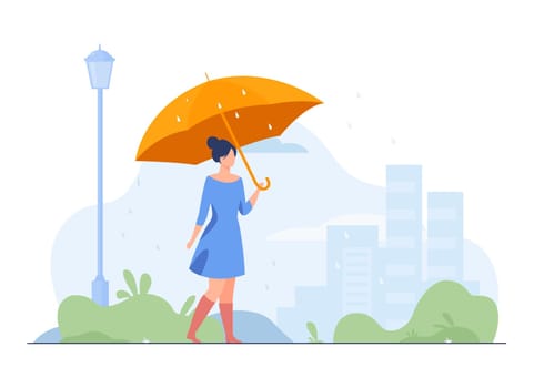 Young girl with orange umbrella flat vector illustration