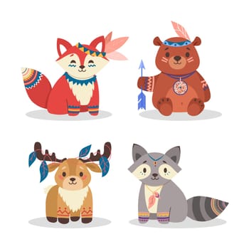Cute woodland animals set. Fox, bear, raccoon, deer with tribal ornaments. Vector illustration for boho style, cartoon characters, red Indian culture concept