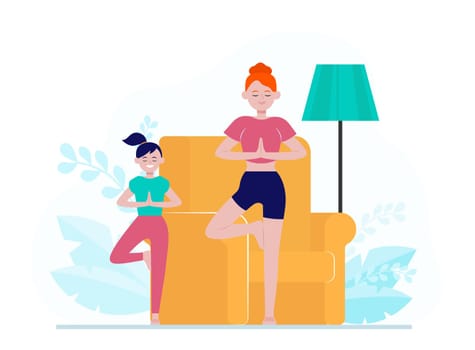 Mother and daughter practicing yoga at home. Woman and girl standing in tree pose flat vector illustration. Meditation, family activity concept for banner, website design or landing web page