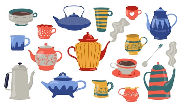 Teapots and cups flat icon set