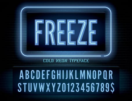 Blue box neon font with numbers on dark wall background. Vector freeze night light box sign