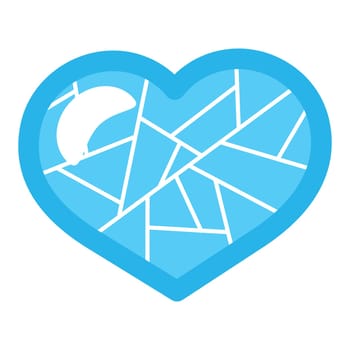 Single blue transparent ice heart in front view