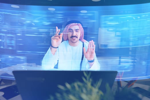 Muslim businessman working with floating data visualization screen