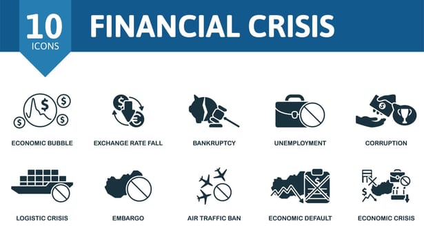 Financial crisis set. Creative icons: economic bubble, exchange rate fall, bankruptcy, unemployment, corruption, logistic crisis, embargo, air traffic ban, economic default, economic crisis.
