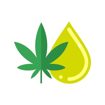 Cannabis or hemp leaf and oil drop. Cannabis or hemp oil. Flat vector illustration isolated on white.