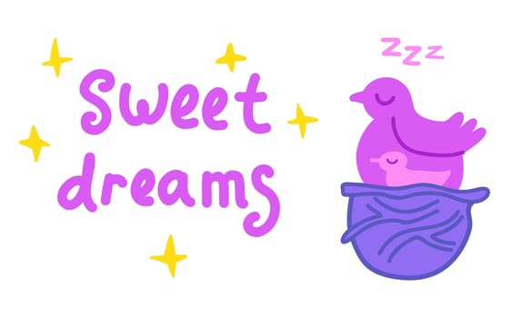 Sweet dreams wish card with two cute birds sleeping in nest.