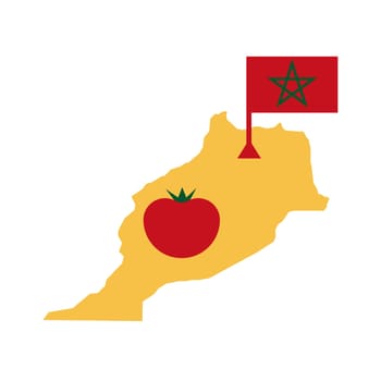 Map of Marocco with flag and round tomato on it. Tomatoes from Morocco consept. Vector isolated on white.