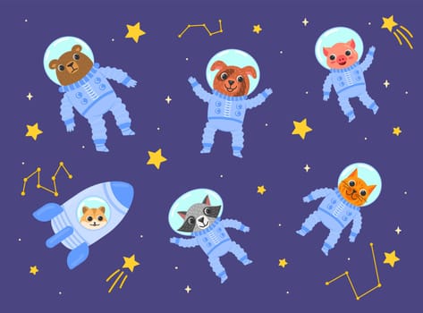 Baby animal astronauts cartoon vector illustration set