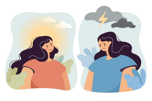 Calm girl with white cloud and sun above head and angry girl