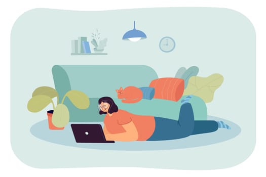 Happy cartoon woman lying on floor with laptop and cat on sofa