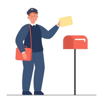 Postman holding envelope with letter, standing near mailbox