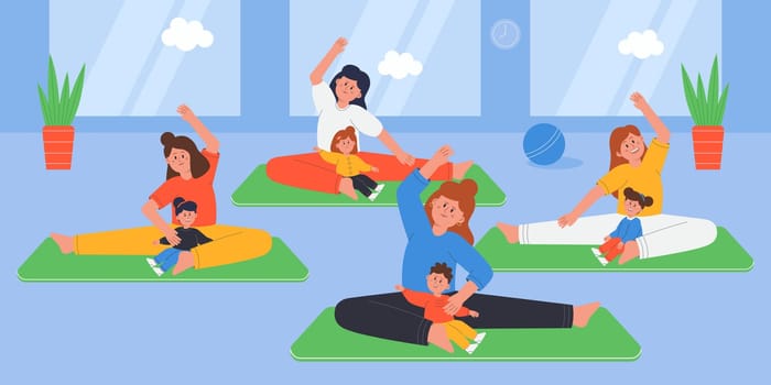 Yoga workout and pilates for moms and kids in gym