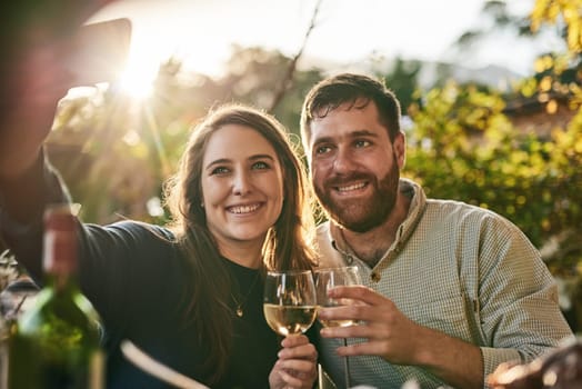 Couple, happy selfie and wine at vineyard, wine farm and smile on holiday, vacation and outdoor. Woman, man and wine glass in digital photo in summer sunshine, together and love in Marseille, France