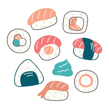Sushi and sashimi hand drawn set