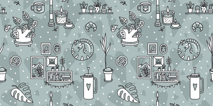 Vector seamless pattern with Hygge concept and cozy home things like candles, gloves, sweater, tea, cat, pastries, houseplants. Danish living concept. Greeting card template, hand drawn style.