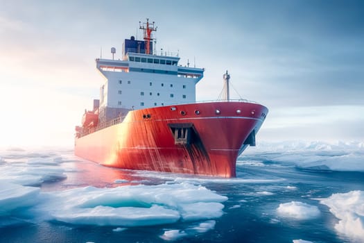 nuclear icebreaker ship in the arctic ocean, photorealistic, made with Generative AI.