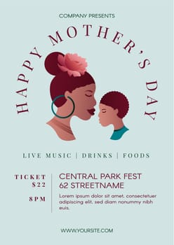 Vertical Happy Mothers Day Afroamerican A4 banner with loving mother and son and festive inscription. Template for printing, announcement poster for inviting guests to celebration. Vector