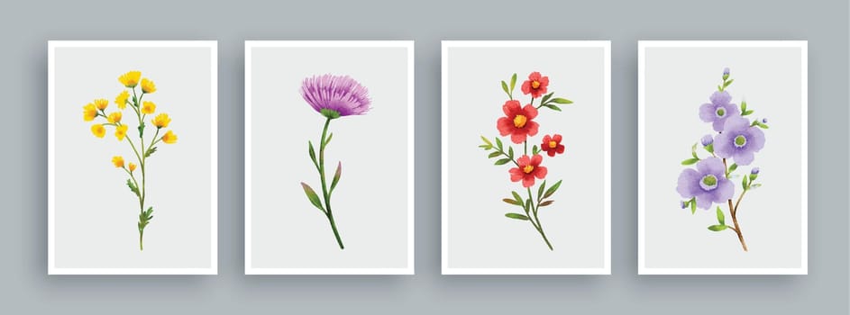 Wild flowers painting set in watercolor style. Wall art watercolor painting background.