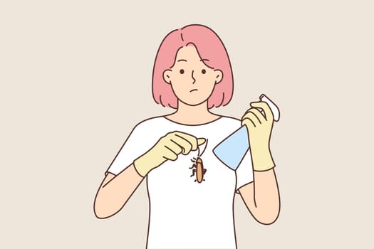 Embarrassed woman holding cockroach and spray bottle with insecticide or pest control