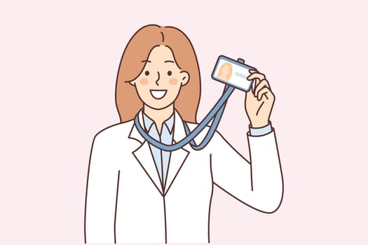 Woman demonstrate id card hanging around neck for identification and entry into science laboratory
