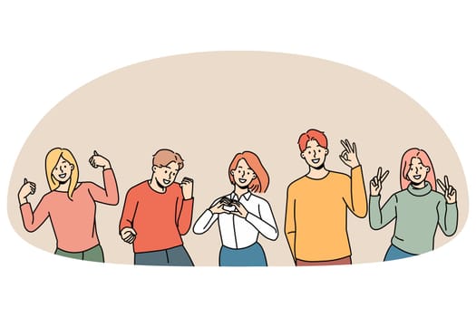 Smiling diverse young people showing hand gestures expressing different emptions. Happy men and women demonstrate ok, yes and heart symbols signs. Body language, communication. Vector illustration.
