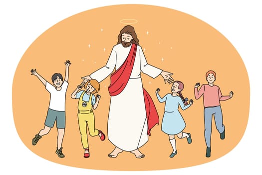 Smiling children dance near Jesus Christ