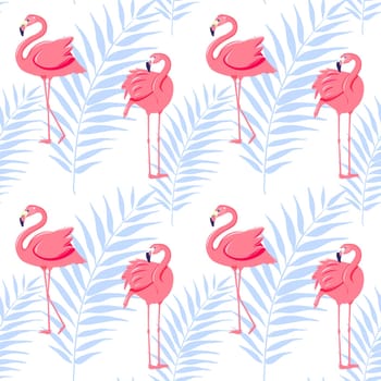Tropical flamingo seamless pattern with palm leaves