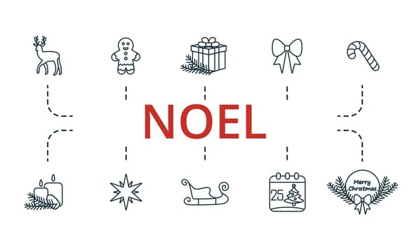 Noel set. Creative icons: elk, gingerbread man, christmas gift, festive bow, candy cane, candles, christmas star, sleigh, christmas day, merry christmas.
