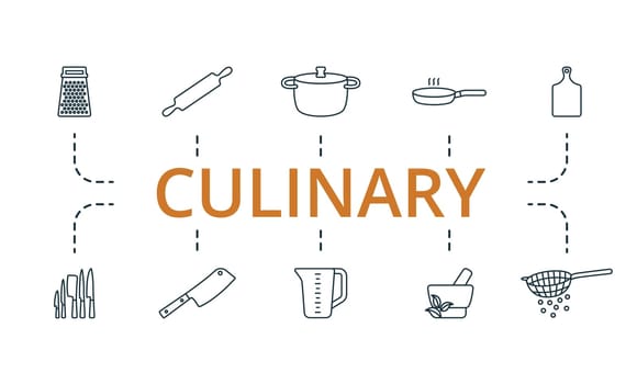 Culinary set. Creative icons: grater, rolling pin, stew pan, frying pan, chopping board, kitchen knifes, chopper knife, measuring cup, mortar, strainer.