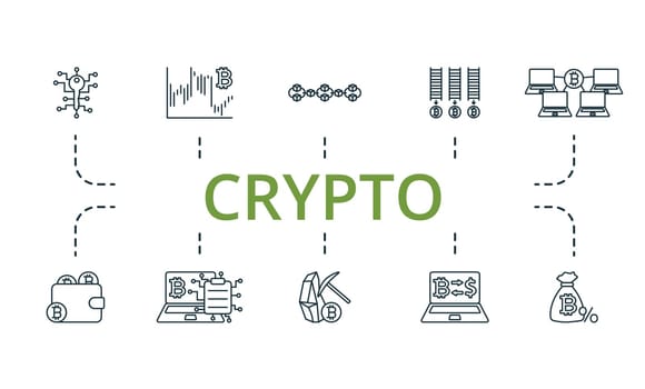 Crypto set. Creative icons: digital key, cryptocurrency chart, blockchain, cryptocurrency farm, minig pool, cryptocurrency wallet, smart contract, cryptocurrency mining, cryptocurrency exchange, cryptocurrency deposit.