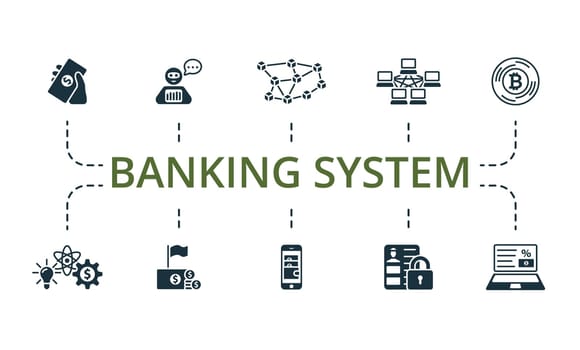 Banking system set. Creative icons: direct payment, robo advisor, blockchain technology, peer-to-peer, bitcoin technology, fintech innovation, basic income, digital wallet, personal data protection, online loan.
