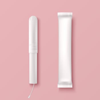 Vector 3d Realistic Menstrual Hygiene Cutton Tampon, Applicator, Paper Tube, Packaging Set Isolated. Feminine Hygiene Design Template, Hygienic Tampon in Front View. Concept of Women s Health, Hygiene
