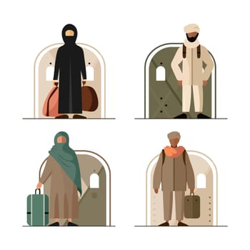 Set of icons - people refugee. Against the doors to the bomb shelter