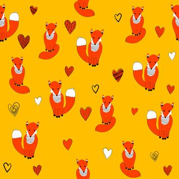 Colorful seamless pattern with hand drawn cartoon foxes