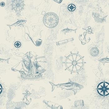 Seamless pattern with vintage-style sea navigation items