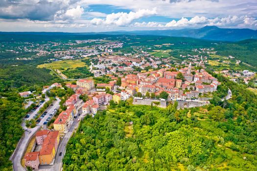 Historic town of Labin on picturesque hill aerial view