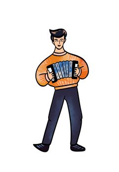 Illustration of a colored drawing of male accordion player with button accordion in colored clothes on white isolated background