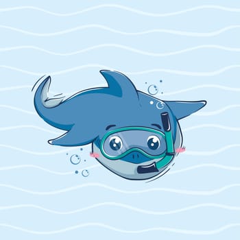 Cartoon funny shark is diving in a diving mask among the waves.