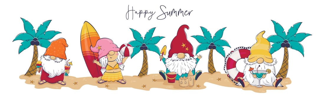 Horizontal long banner with cartoon gnomes on the beach. Happy summer.